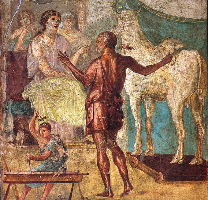 Dédale présente à Pasiphæ la vache en bois qui lui permettra de s'accoupler avec le taureau. Coquine ! 