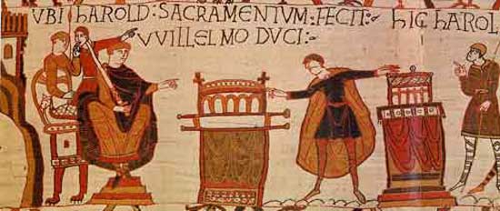 La tapisserie de Bayeux, détail de Harold prêtant allégeance à Guillaume