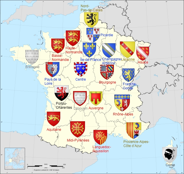 Carte de France avec les blasons de ses régions