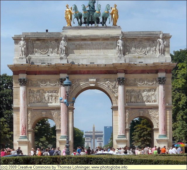 L'axe historique vu sous l'Arc de triomphe du Carrousel avec Le Louvre derrière vous. 