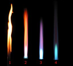 Sur cette image, la flamme 1 est celle qui a le moins d'apport en dioxygène, et la 4 celle qui en a le plus. 