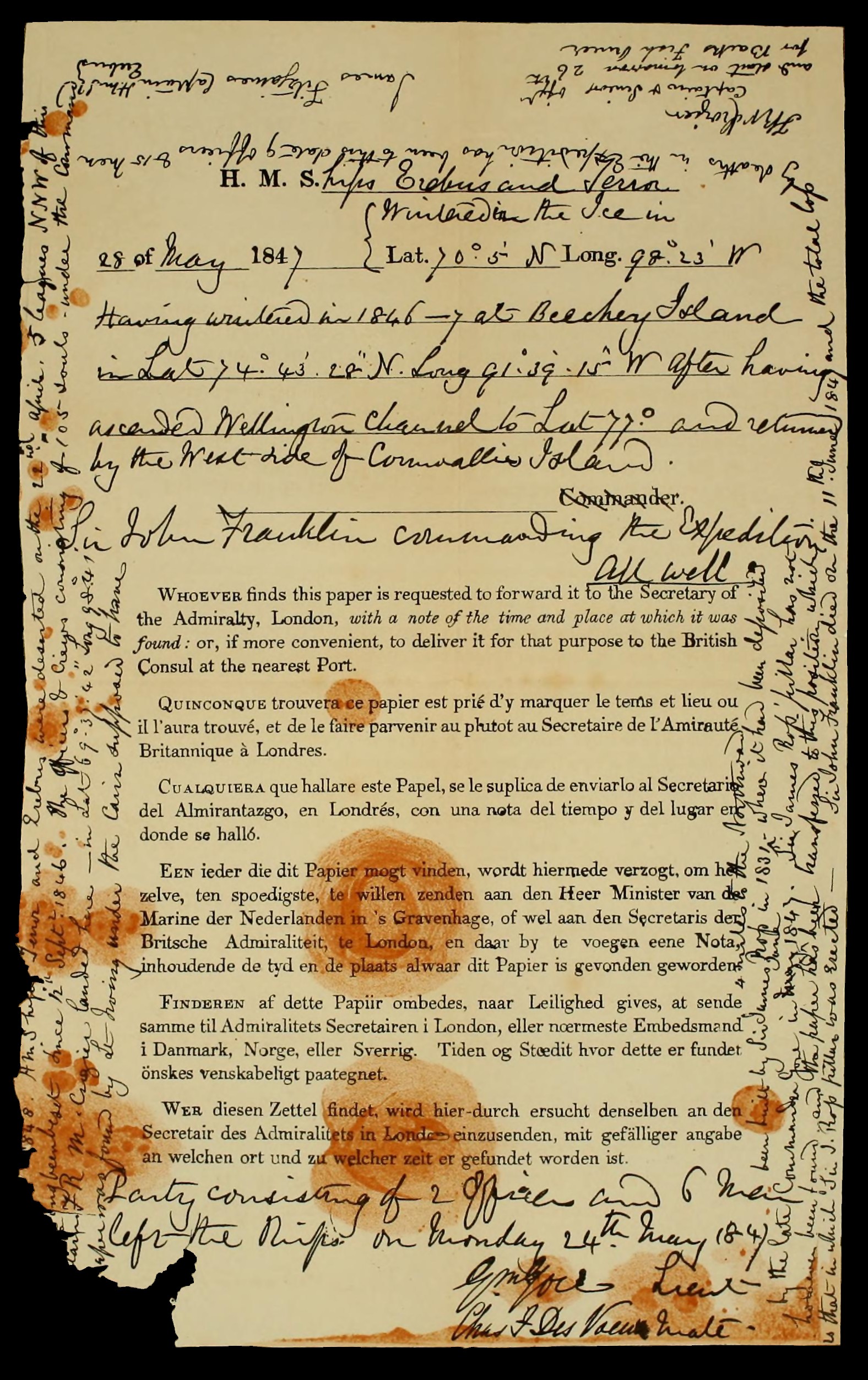 Les deux messages de l'expédition. Le premier est marqué en haut, le second sur la marge du document. 